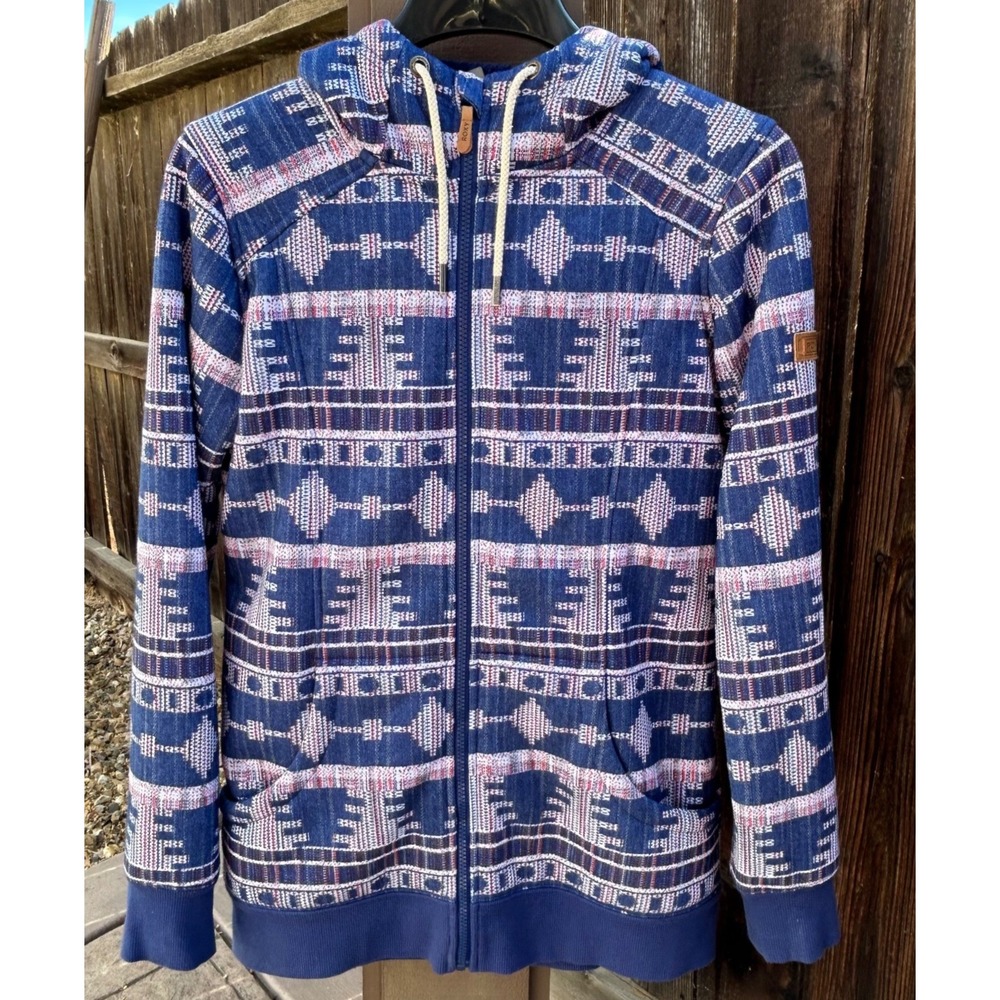 Roxy Womens Large Sherpa Lined Full Zip Hoodie Aztec Southwestern Fleece Blue